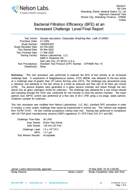 Eficiencia de filtración bacteriana (BFE) a un nivel de desafío mayor Informe final 1493638-S01_00