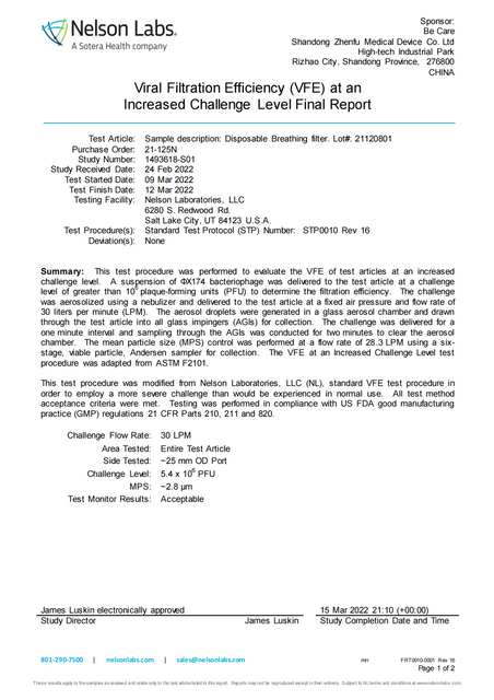 Informe final de eficiencia de filtración viral (VFE) a un nivel de desafío aumentado 1493618-S01_00